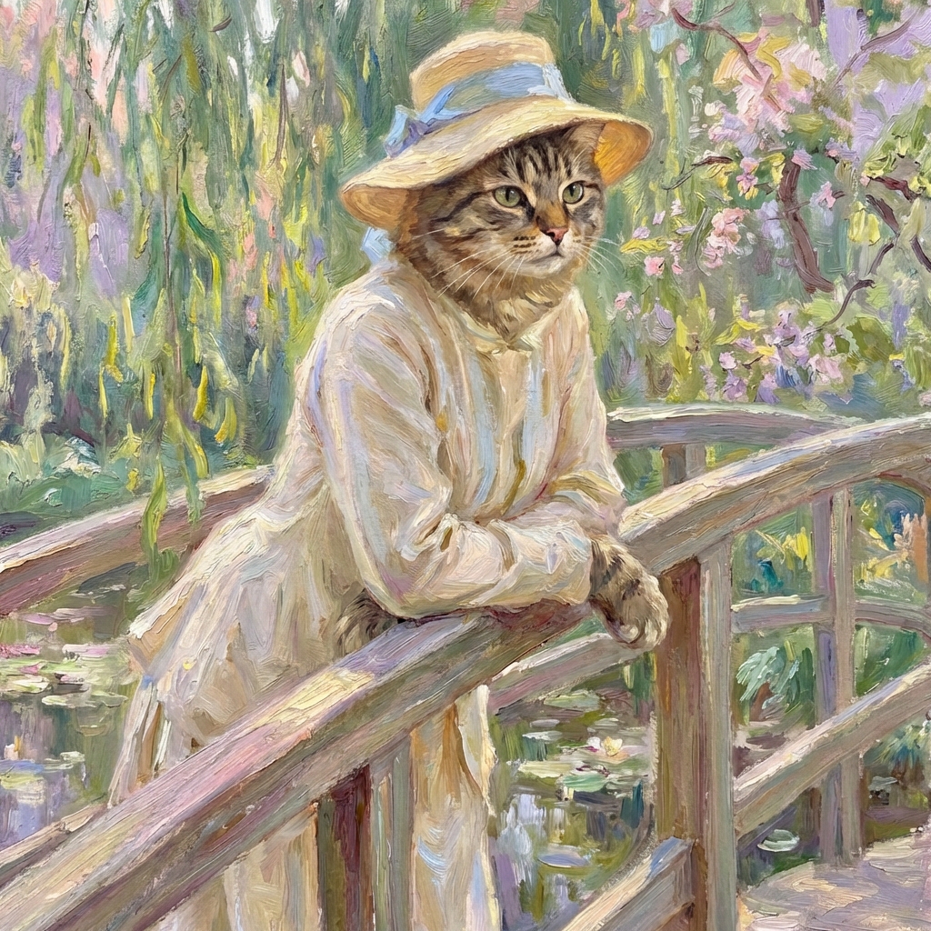 Tabby cat transformed into an Impressionist garden scene