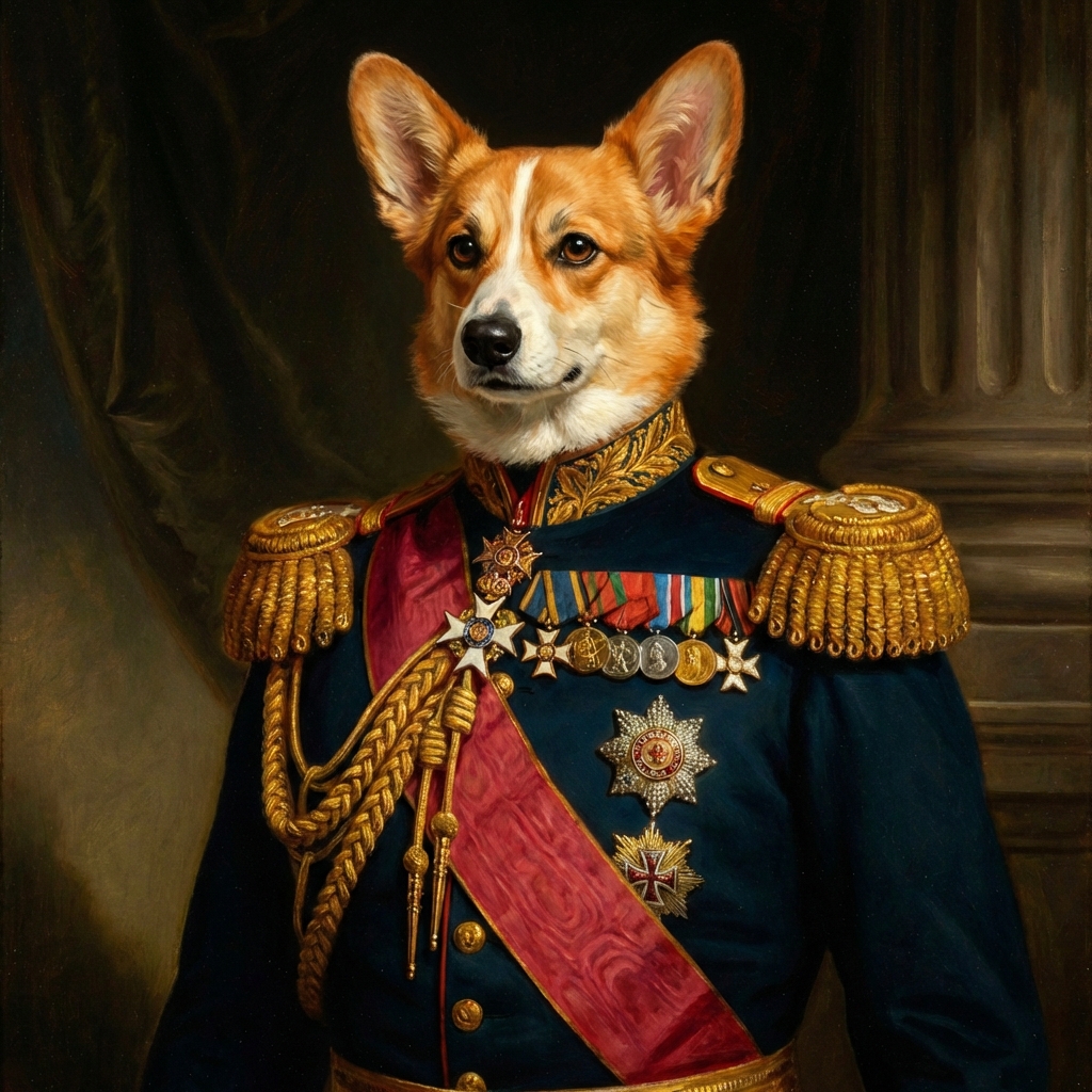 Corgi transformed into a military general portrait