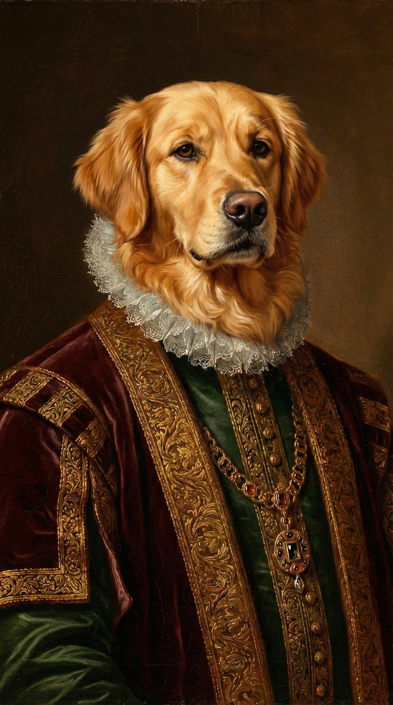 Golden Retriever transformed into a Renaissance noble portrait